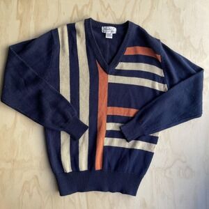 Vintage Dache Sweater Womens Medium Blue Striped Colorblock V Neck Wool Blend